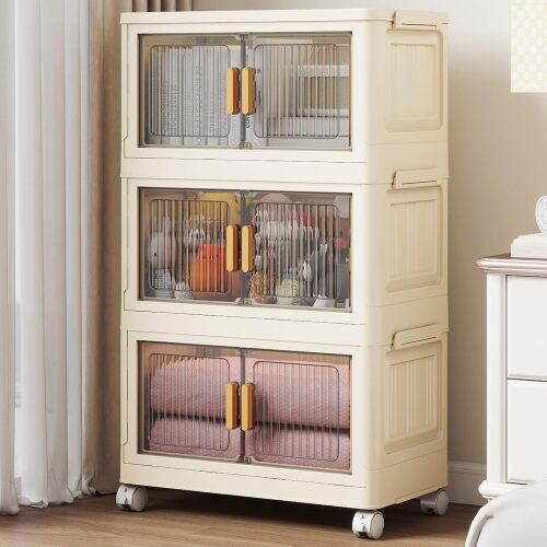 3 Tier Stackable Plastic Storage Bins with Lids 58QT, Collapsible Closet Organizers and Storage with Wheels, Folding Storage Boxes, Closet Organizers and Storage for Living Room,Office,Dorm - Lot 1685