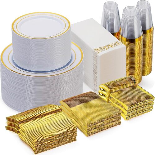 Goodluck 700 Piece Gold Dinnerware Set for 100 Guests, Disposable - Lot 1666