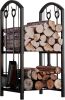Fire Beauty Fireplace Firewood Log Rack 5-Piece Storage Logs Holder with Tools Set with 4 Tools Set Fireside Holders Wood Lumber Storage Stacking Black - Thumbnail 1