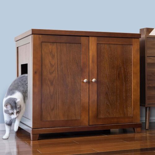 THE REFINED FELINE Cat Litter Box Enclosure Cabinet, Modern, Mahogany Brown, Tapered Feet, XLarge, Hidden Litter Cat Furniture with Drawer - Lot 1647