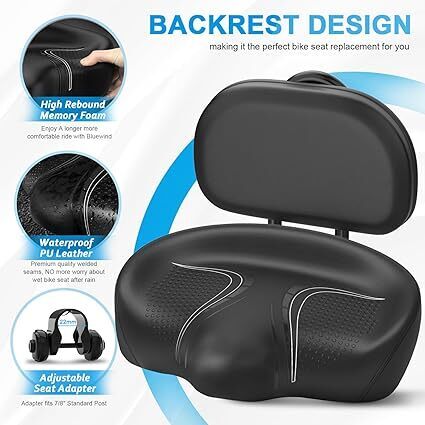 BLUEWIND New Noseless Oversized Bike Seat, Wide Bicycle Saddle Novel Backrest Design for Electric Bike, Universal Fit Exercise Bike or Road Stationary Bike Seat Cushion for Men & Women - Lot 1387
