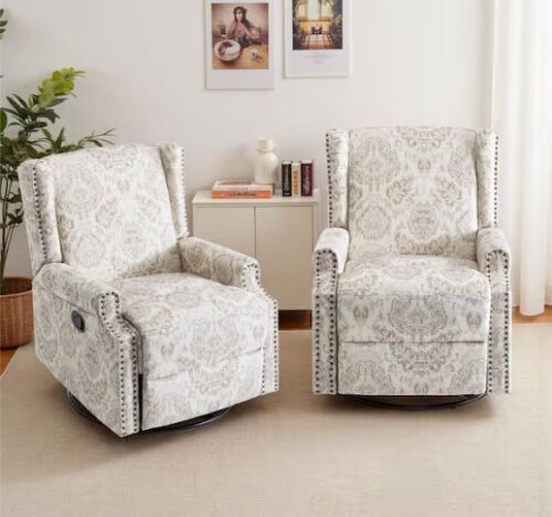 Uixe Beige Pattern Linen Swivel Upholstered Metal Base Manual Recliner with Adjustable Footrest, Set of 2 - Lot 9JF