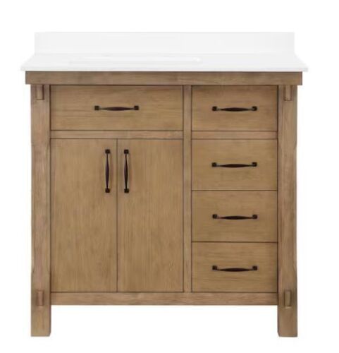 Home Decorators Collection Bellington 36 in. Single Sink Almond Toffee Bath Vanity with White Engineered Stone Top - Lot 10JF