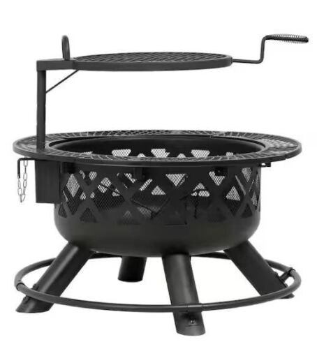 HeatMaxx Outdoor Wood Burning Fire Pit with Cooking Grill, 32 in. Black - Lot 89JF