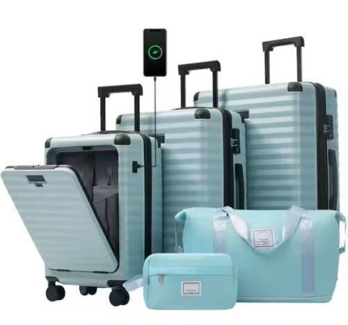 Polibi 5-Piece Light Blue Hardside Luggage Set with Spinner Wheels, TSA Lock, USB Port, Cup Holder, Duffel Bag and Toiletry Bag - Lot 90JF