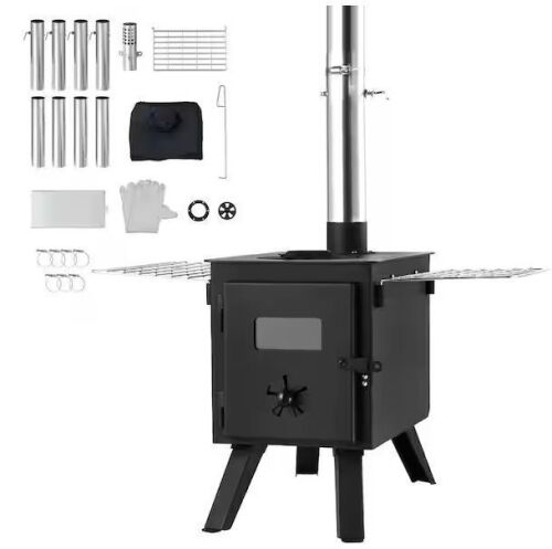 86 in. Alloy Steel Camping Tent Stove, Portable Wood Burning Stove with Chimney Pipes and Gloves - Lot 447JF