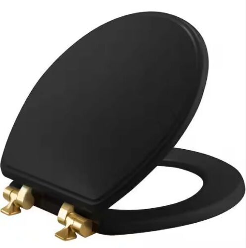 BENUS Weston Round Soft-Close Never-Loosens Brushed-Gold-Hinge Enameled Wood Toilet Seat in Black - Lot 733JF