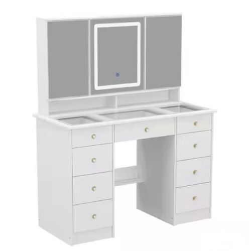 FUFU&GAGA White Vanity Desk 9 Drawers with 3 Mirrors, Glass Top, Hidden Storage Shelves, LED Lighted - Lot 63JF