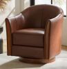 JAYDEN CREATION Cristina Brown 29 in. W Transitional Genuine Leather Swivel Barrel Arm Chair with Solid Wood Base - Thumbnail 1