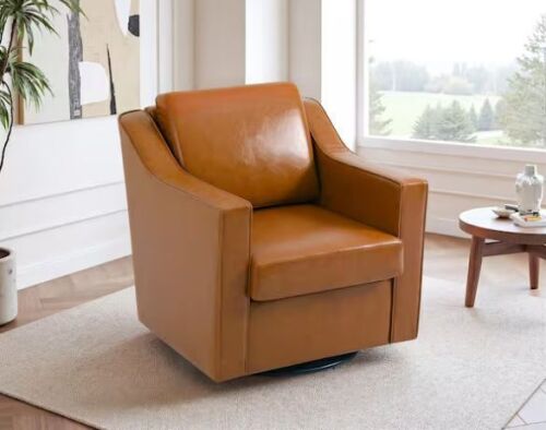 Uixe Light Brown Faux Leather Upholstered Swivel Accent Barrel Chair - Lot 47JF