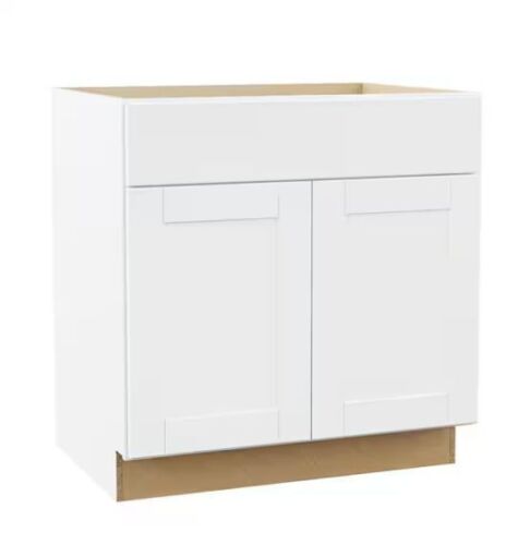 Hampton Bay Shaker 33 in. W x 24 in. D x 34.5 in. H Assembled Sink Base Cabinet in Satin White - Lot 58JF