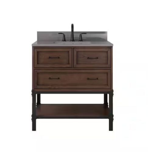 Home Decorators Collection Alster 36 in. Single Sink Brown Oak Bath Vanity with Gray Quartz Marble Top - Lot 14JF