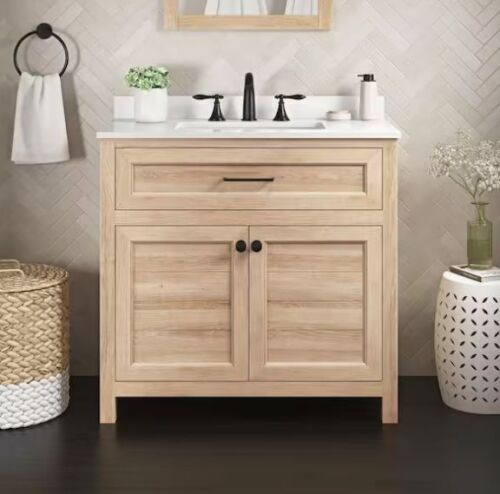 Home Decorators Collection Hanna 36 in. Single Sink Weathered Tan Bath Vanity with White Engineered Stone Top - Lot 19JF