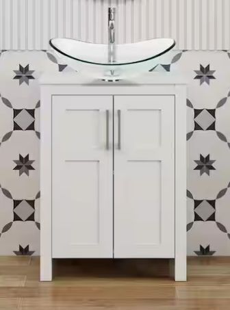 Puluomis 24 in. W x 18.1 in. D x 31.7 in. H Single Sink White Bath Vanity with White Solid Surface Top Transparent Sink - Lot 50JF