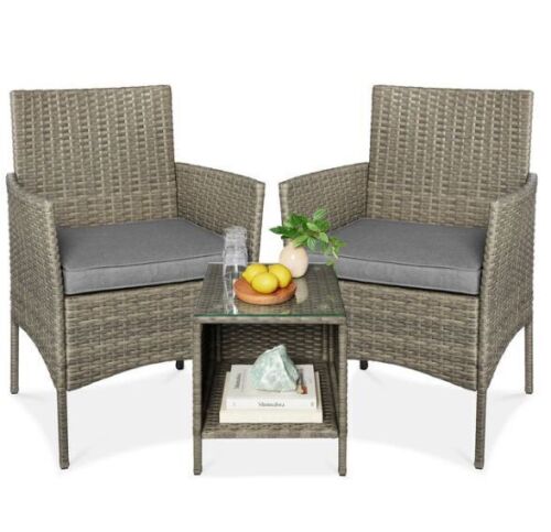 3-Piece Outdoor Patio Wicker Bistro Set w/ Side Storage Table - Lot 314