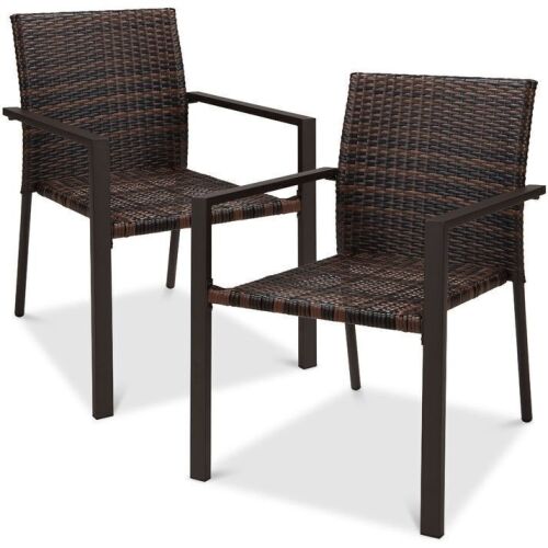 Set of 2 Stackable Wicker Chairs w/ Armrests, Steel Accent Furniture - Lot 420