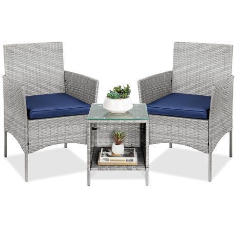 3-Piece Outdoor Patio Wicker Bistro Set w/ Side Storage Table - Lot 108