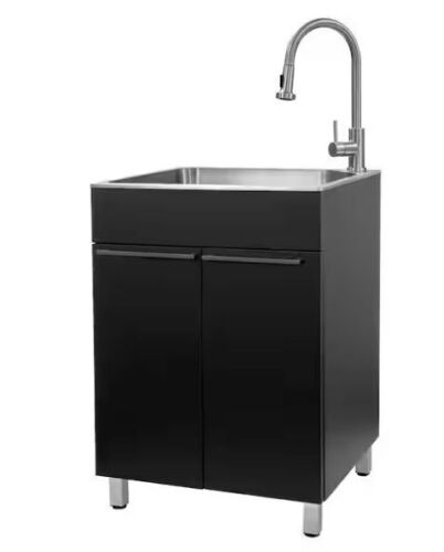Presenza All-in-One 24 in. x 21.2 in. x 33.9 in. Stainless Steel Drop-In Sink and Cabinet with Faucet in Black - Lot 28JF