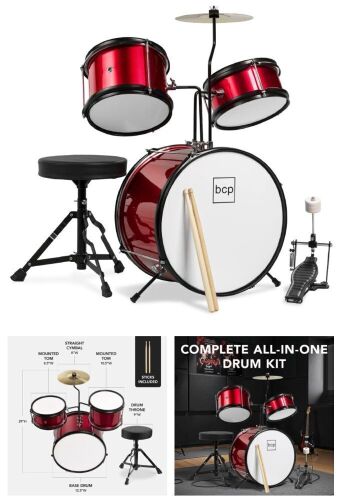 Kids Beginner 3-Piece Drum, Musical Instrument Set w/ Sticks, Stool, Pedal - Lot 171