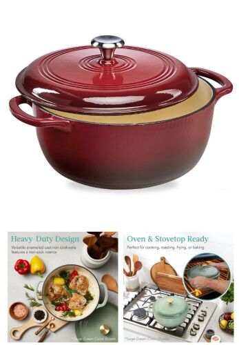 Cast-Iron Dutch Oven Kitchen Cookware w/ Enamel, Handles - 6qt - Lot 175