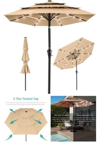 3-Tier Solar Patio Umbrella w/ LED Lights, Tilt Adjustment, Crank - 10ft - Lot 185