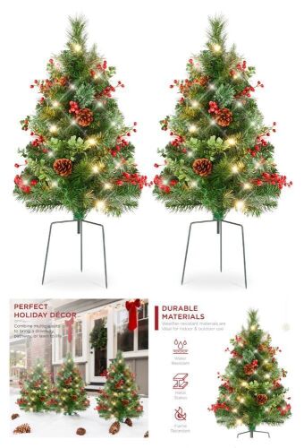 Set of 2 Pre-Lit Pathway Christmas Trees w/ Pine Cones, Timer - 24.5in - Lot 189