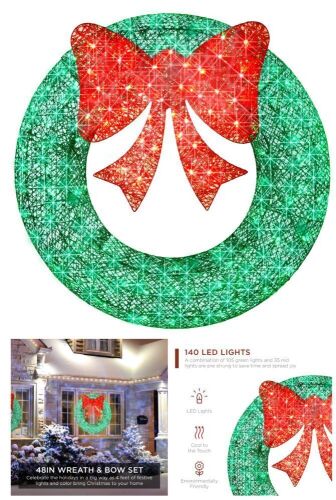 Pre-Lit Outdoor Christmas Wreath, LED Metal Holiday Decor w/ Bow - 48in - Lot 202