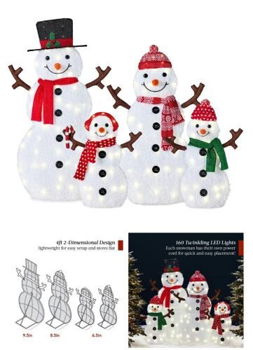 2D Lighted Snowman Family Set Outdoor Yard Decor w/ Twinkling LED Lights - Lot 204