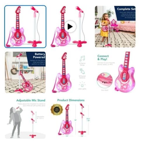 19in Kids Flash Guitar, Pretend Play Musical Instrument Toy for Toddlers w/ Mic, Stand -Pink - Lot 223