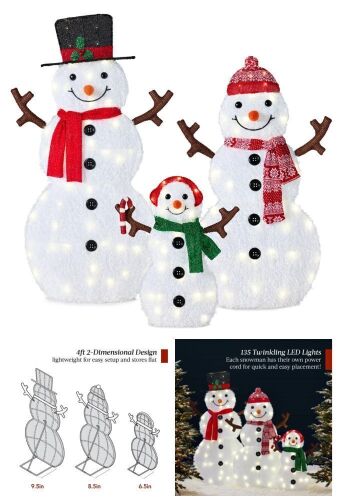2D Lighted Snowman Family Set Outdoor Yard Decor w/ Twinkling LED Lights - Lot 224