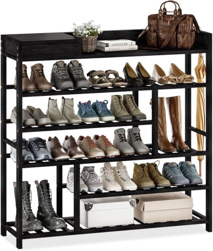 Bamworld Shoe Rack for Front Door Entrance Bamboo Shoe Organizer with Storage Box Free Standing Shoe Cabinet Shoe Storage Shelf for Entryway, Closet and Doorway (Black) - Lot 1609