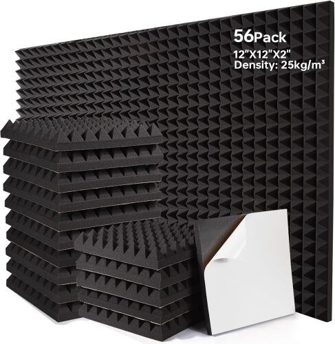 56 Pack Soundproof Wall Panels, 2" X 12" X 12" Self-Adhesive Pyramid Acoustic Foam, High Density Acoustic Panels for Home Studio, Quick-Recovery Sound Proof Panels for Walls - Lot 1619