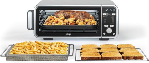 Dual Heat Air Fry Countertop 13-in-1 Oven with Extended Height, XL Capacity, Flip Up & Away Capability for Storage Space, with Air Fry Basket, SearPlate, Wire Rack & Crumb Tray, Silver - Lot 1629