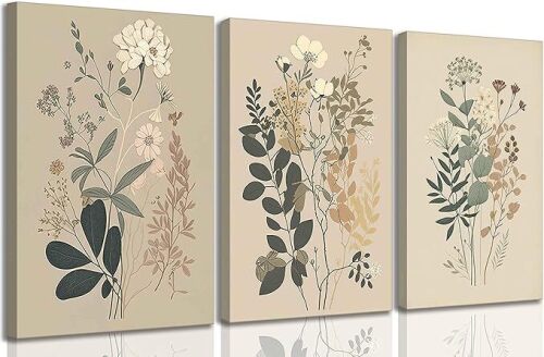 UHVBBCO 3 Pcs Vintage Neutral Flower Canvas Wall Art Rustic Farmhouse Daisies Wildflowers Ferns Floral Botanical Still Life Picture Wall Decor Poster Printing Artwork for Living Room Bedroom - Lot 1669