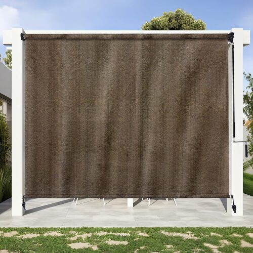 KANAGAWA 8'(W) x8'(H) Mocha Outdoor Roller Shade - Cordless Exterior Roll Up Sun Shade for Patio, Pergola, Front Porch, Gazebo - Outdoor Blinds Screens for Patio - Lot 1698