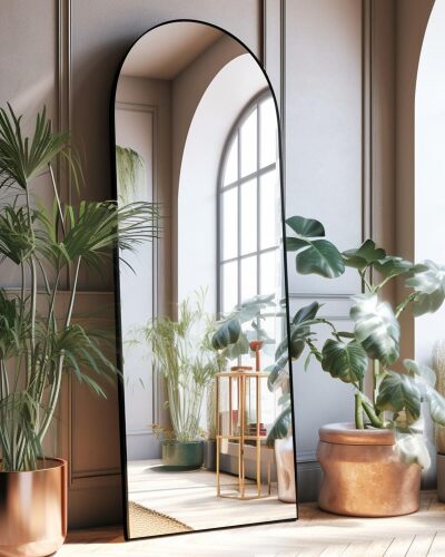 DYNWELL Arched Full Length Mirror, Floor Mirror with Stand, Large Mirror, Wall Mirror Full Length, Black Floor Length Mirror, Body Floor Mirror, Wall Mounted Mirror for Bedroom - Lot 1702