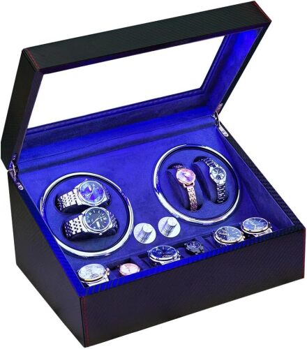 J&T Technology 4 Watch Winder for Automatic Watches,Watch Winder Box with 6 Watch Storages - LED Light,Quiet Mabuchi Motor,4 Rotation Modes,AC Adapter - Lot 1720