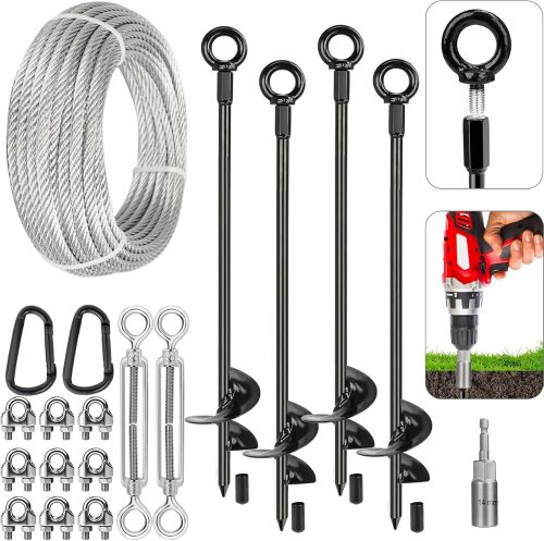 Tinnmao 30 Inch Ground Anchors Heavy Duty, Shed Tie Down Anchor Kit with Galvanized Cable & Turnbuckles, Screw-in Earth Anchors for Sheds, Swing Set, Mobile Homes, Trampolines - Lot 1750