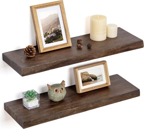 Floating Shelves for Wall Decor, Rustic Solid Elm Wood Live Edge Floating Shelves Wall Mounted - Lot 1760