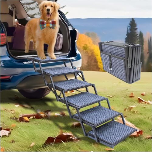 Extra Wide Dog Ramp for Car Truck and SUV Dog Stairs for Large Dogs Folding Pet Stairs with Non-Slip Rug Surface Supports Up to 280 lbs (Wide 6 Steps) - Lot 1780