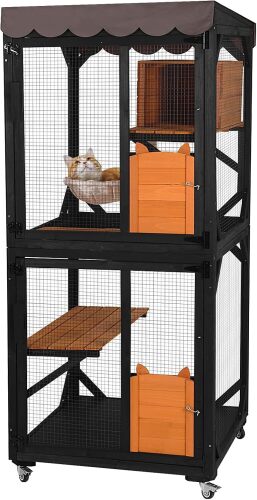 Aivituvin Catio Outdoor Cat Enclosure on Wheels Indoor Kitty House with Cat Bed, Scratching Post, Jumping Platforms, Waterproof Roof - Lot 9919