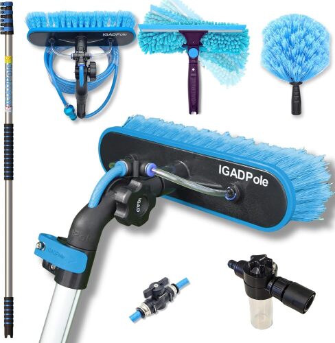 IGADPole 17 FT Water-Fed Washing Kit with Soap-Dispenser, Brush, 10″ Squeegee & Cobweb Duster for Windows, Gutters, Solar Panels & Exterior Walls - Lot 1706