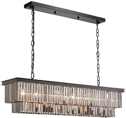 8-Light Modern Rectangular Crystal Chandeliers for Dining Room Contemporary Linear Pendant Lights Kitchen Island Bar, Smoky Gray L47.2'' - Lot 1711
