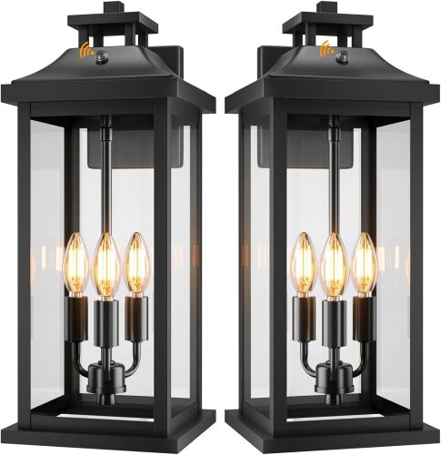 20" Large Dusk to Dawn Outdoor Lights 3-Light, 2 Pack Black Modern Exterior Lighting Fixtures Photocell Sensor Outside Porch Lights Wall Mount, Waterproof Patio Exterior Sconce Lamps E12 (Bulbs not Included) - Lot 1716