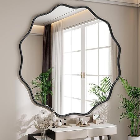 Round Wavy Mirror, 42 Inch Metal Frame Circle Mirror, Round Wall Mounted for Entryway, Bathroom, Vanity, Living Room, Black - Lot 1707
