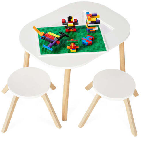 2-in-1 Kid's Building Block Table w/ 2 Stools, Storage Compartment - Lot 1718