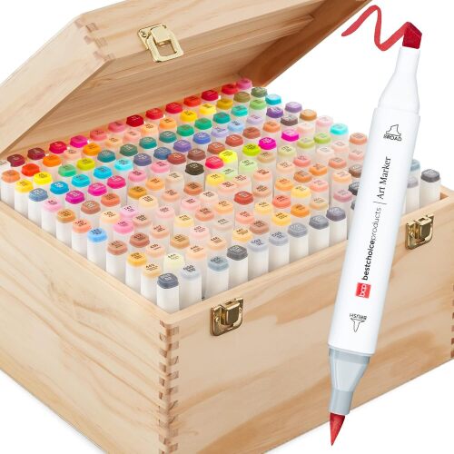 Set of 168 Alcohol-Based Markers, Dual-Tipped Alcohol Markers for Adults, Double-Sided Art Kit w/Brush & Chisel Tip, Color Chart, Wood Carrying Case - Lot 1845