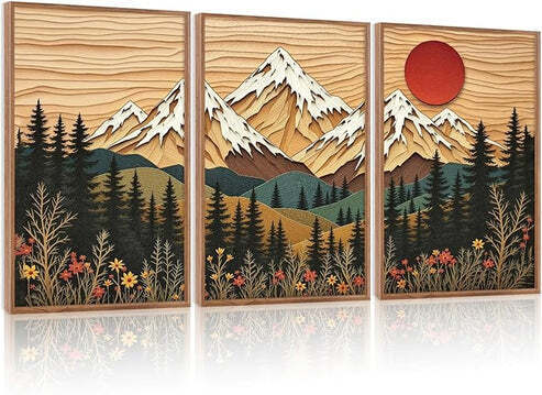 LHIUEM Vintage Woodcut Mountain Framed Canvas Wall Art,Forest Pine Tree Boho Wall Decor,Wilderness Sunset Landscape Artwork for Living Room,Bedroom,Dining Room,Office - Lot 1893