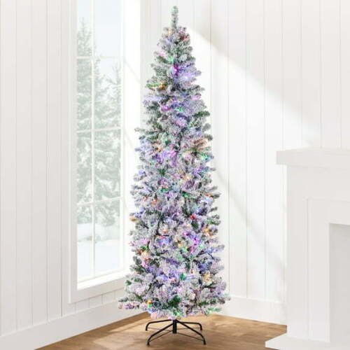Prelit Artificial Snow Flocked Pencil Christmas Tree 350 Multicolored/ Warm-White Light Modes - Lot 1916