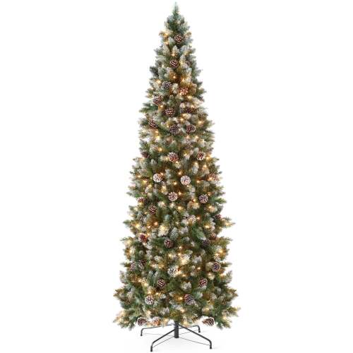 Pre-Lit Partially Flocked Pencil Christmas Tree w/ Pine Cones, Metal Stand - Lot 1940